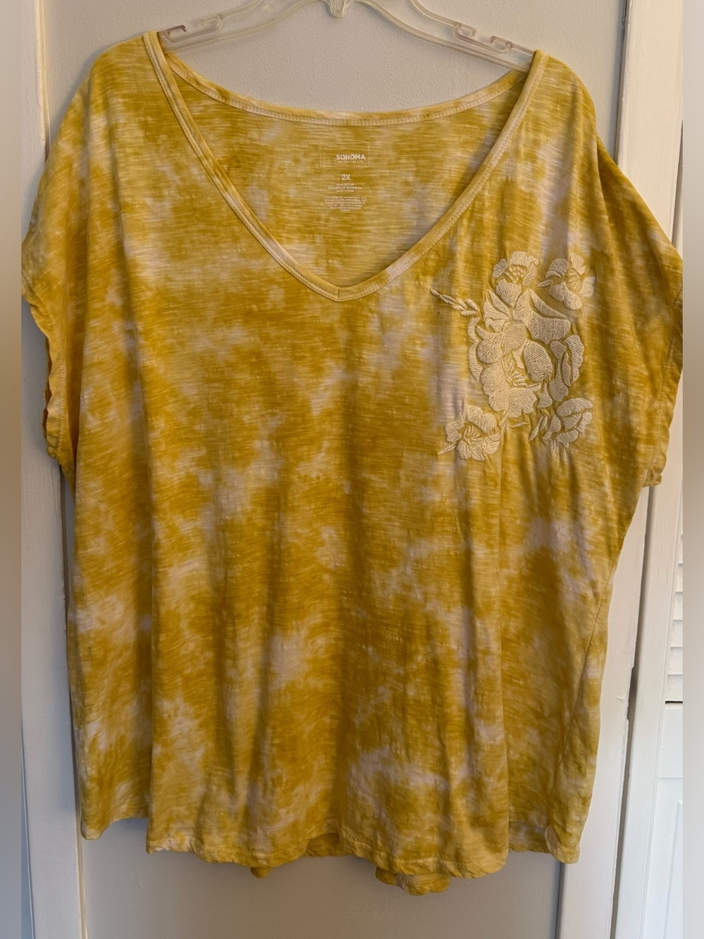Sonoma 2X Yellow Tie Dye Embroidered Floral Cotton V-Neck Top Plus Size